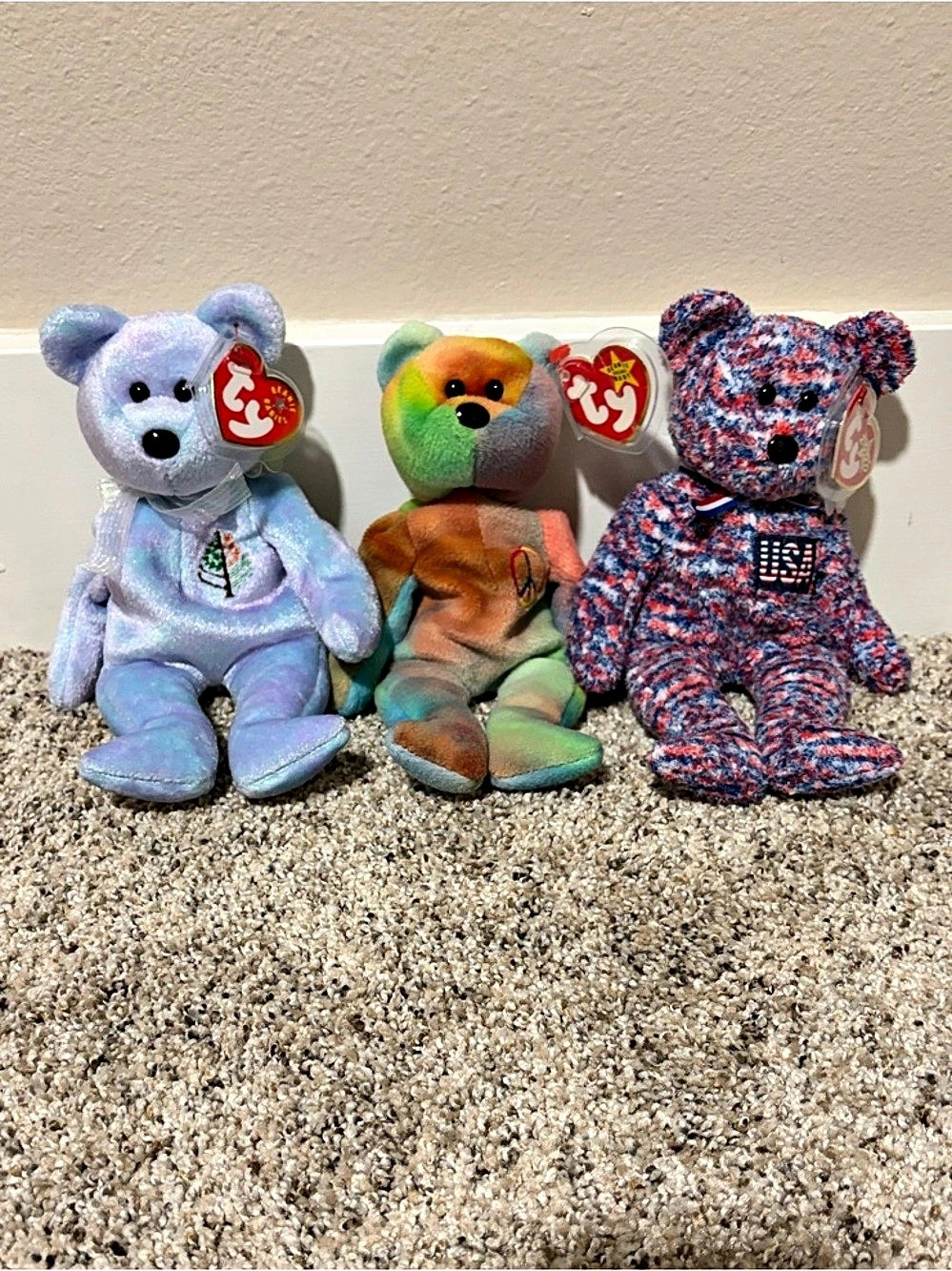 Collection of 3 Beanie Babies bears. Peace Tie Dye, USA and Four Seasons Shangha